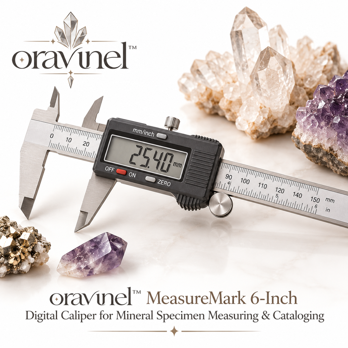 oravunel™ MeasureMark 6-Inch Digital Caliper for Mineral Specimen Measuring & Cataloging