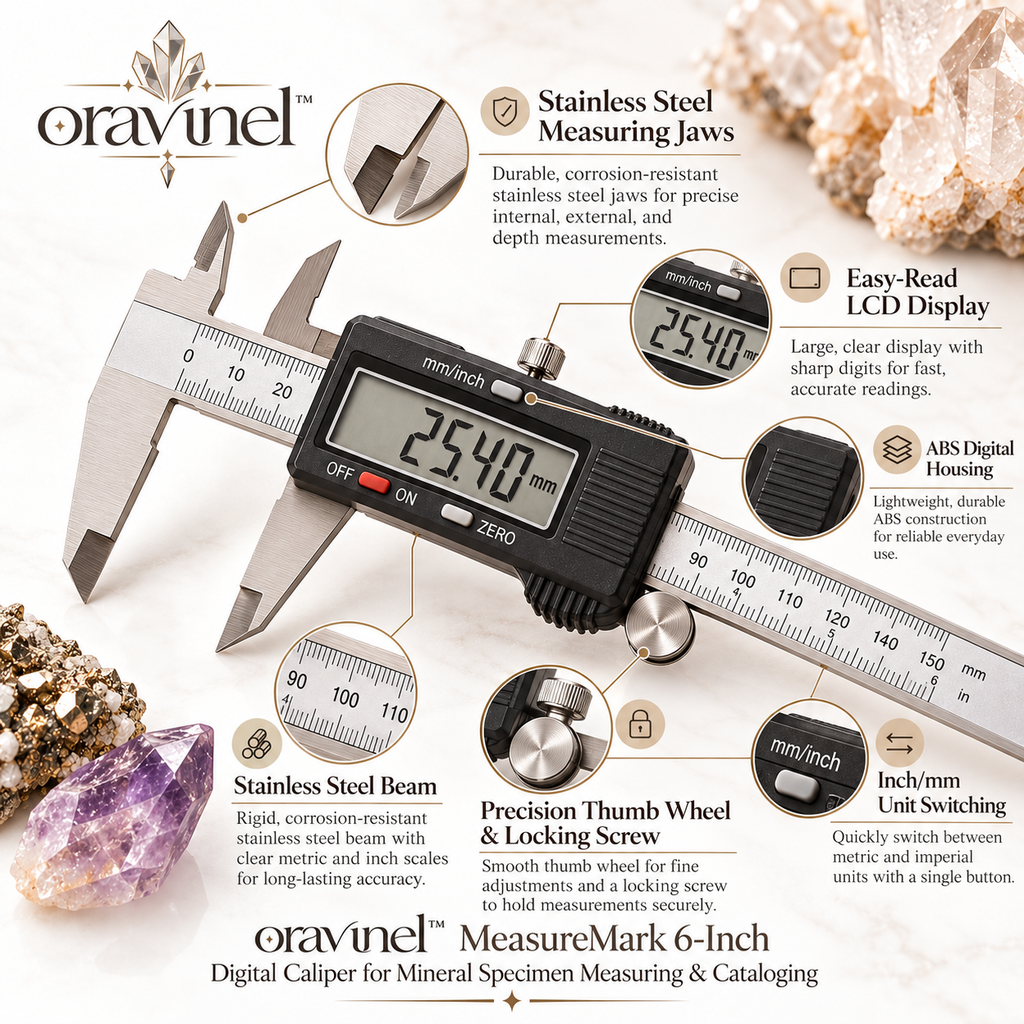 oravunel™ MeasureMark 6-Inch Digital Caliper for Mineral Specimen Measuring & Cataloging