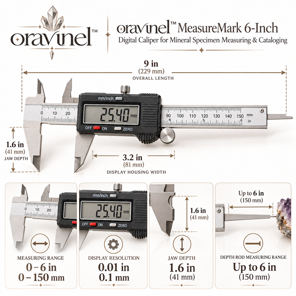 oravunel™ MeasureMark 6-Inch Digital Caliper for Mineral Specimen Measuring & Cataloging