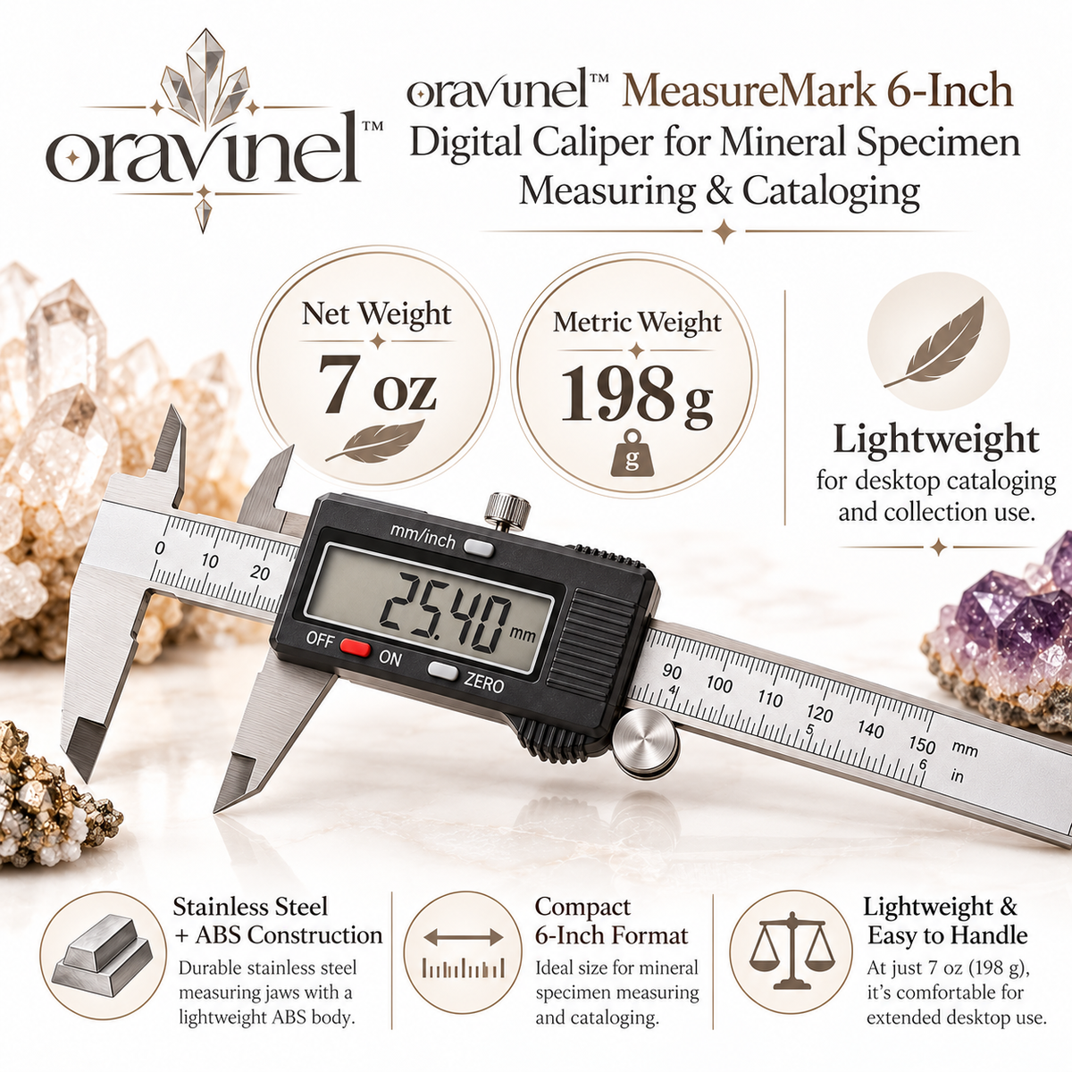 oravunel™ MeasureMark 6-Inch Digital Caliper for Mineral Specimen Measuring & Cataloging