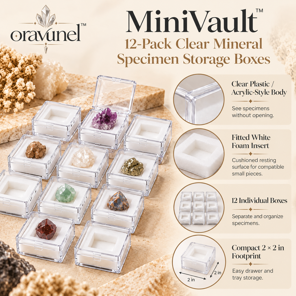 oravunel™ MiniVault 12-Pack Clear Mineral Specimen Storage Boxes