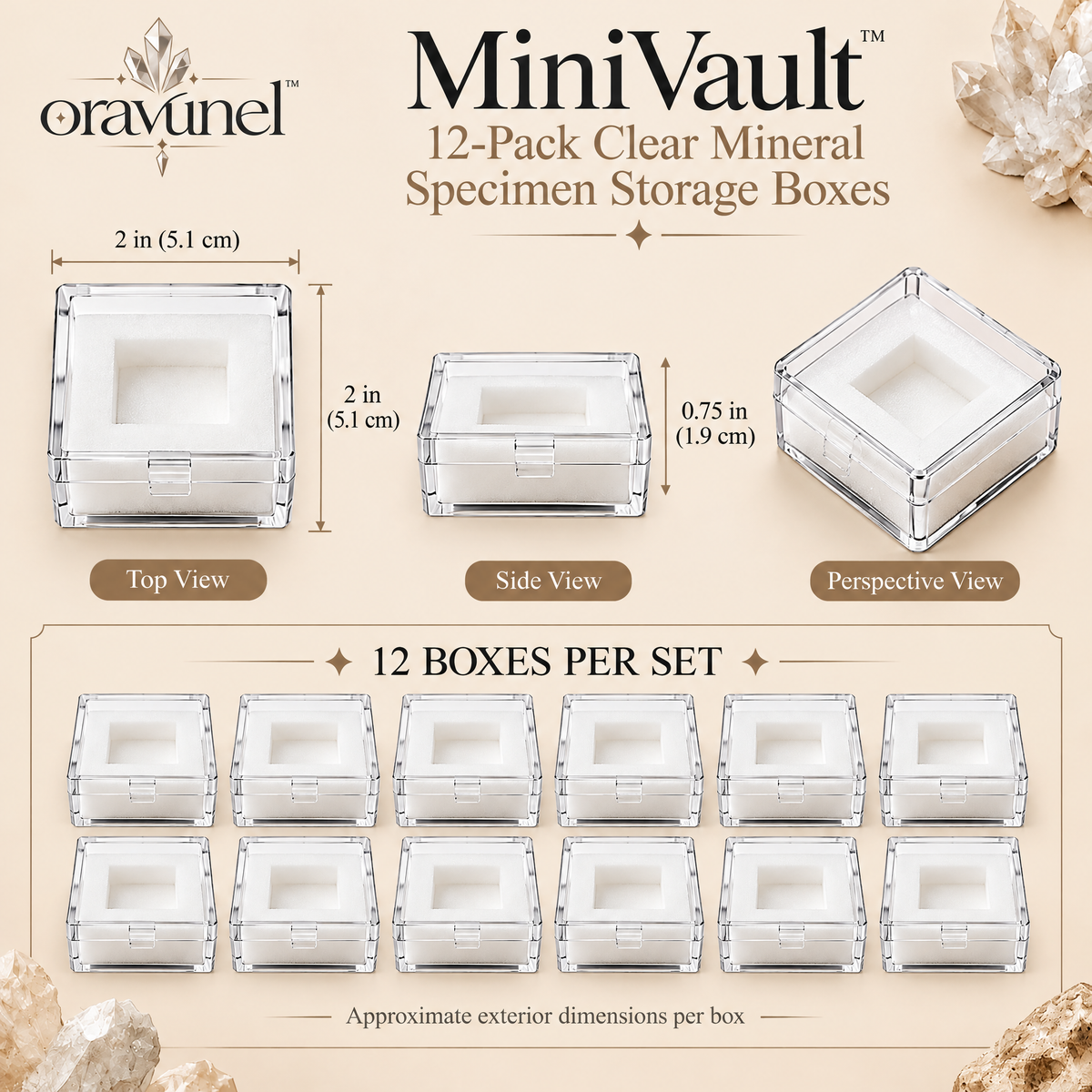 oravunel™ MiniVault 12-Pack Clear Mineral Specimen Storage Boxes