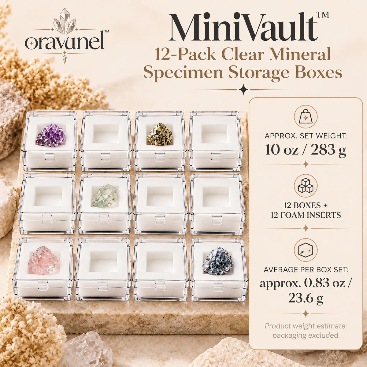oravunel™ MiniVault 12-Pack Clear Mineral Specimen Storage Boxes