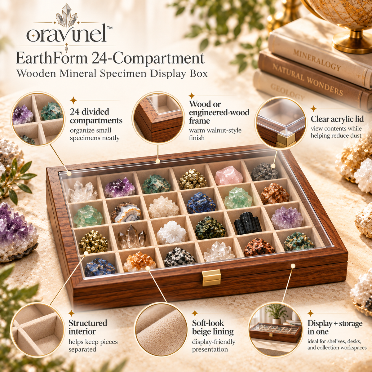 oravunel™ EarthForm 24-Compartment Wooden Mineral Specimen Display Box