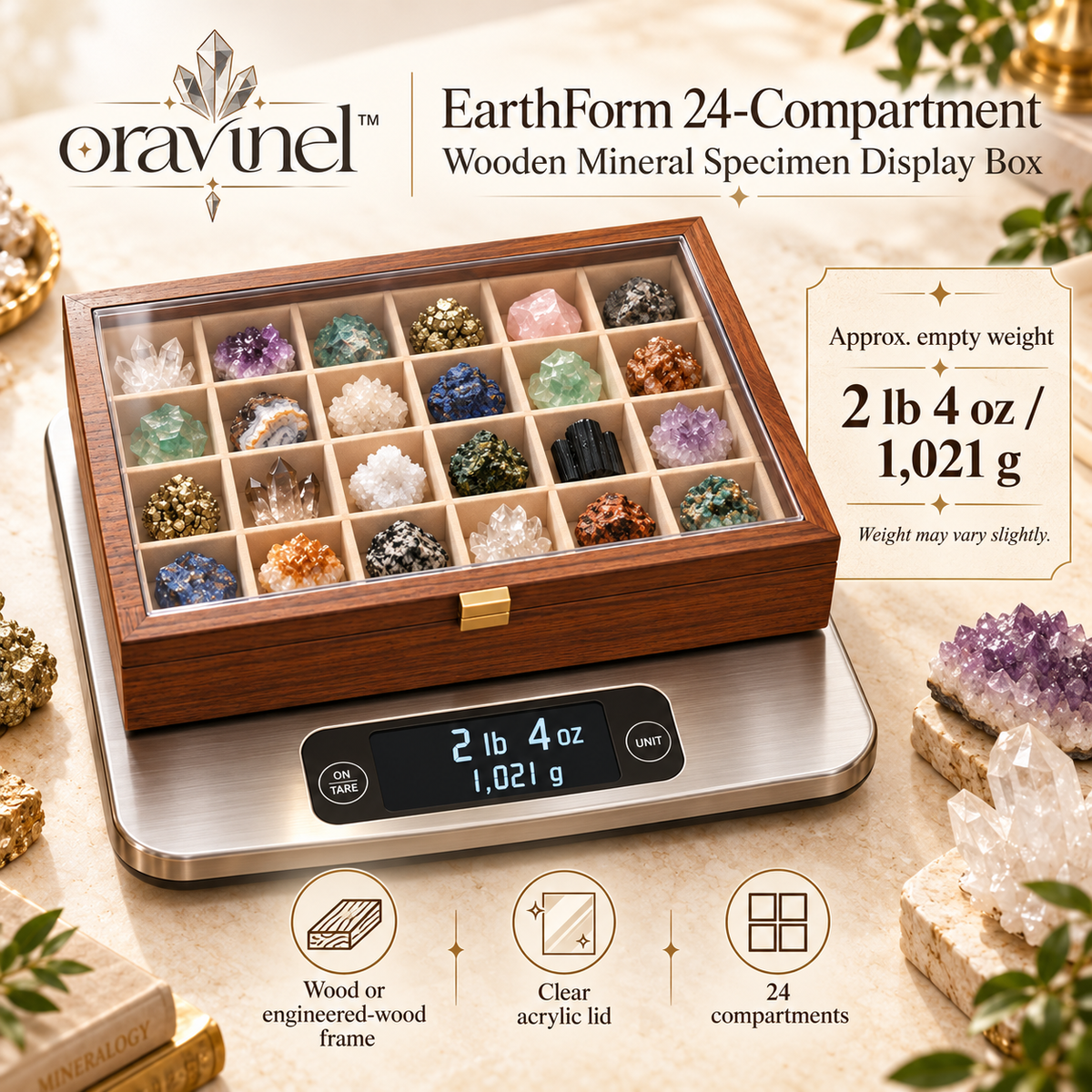oravunel™ EarthForm 24-Compartment Wooden Mineral Specimen Display Box