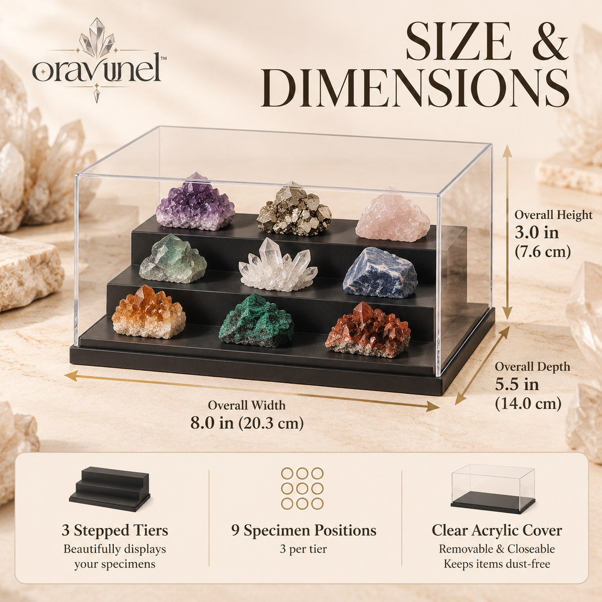 oravunel™ PrismVault 9-Specimen Tiered Acrylic Crystal Display Case