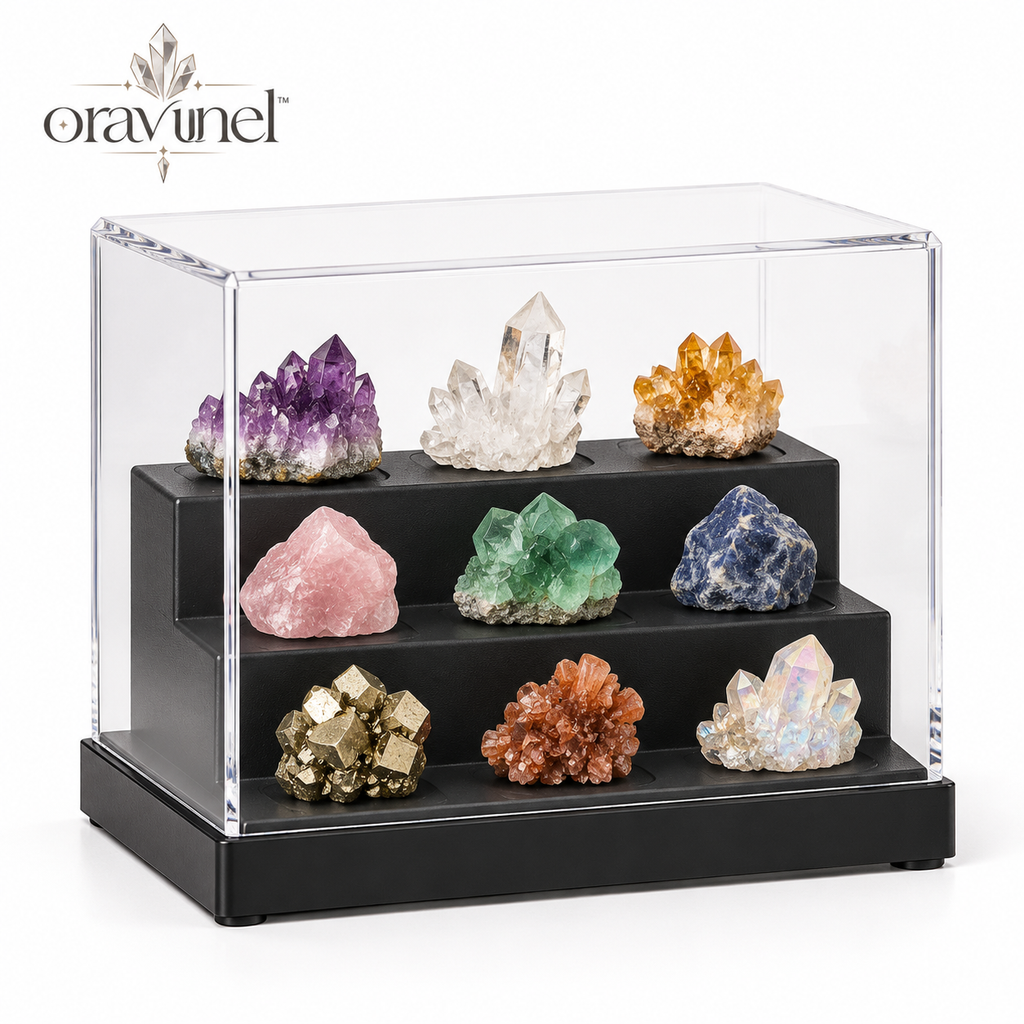 oravunel™ PrismVault 9-Specimen Tiered Acrylic Crystal Display Case