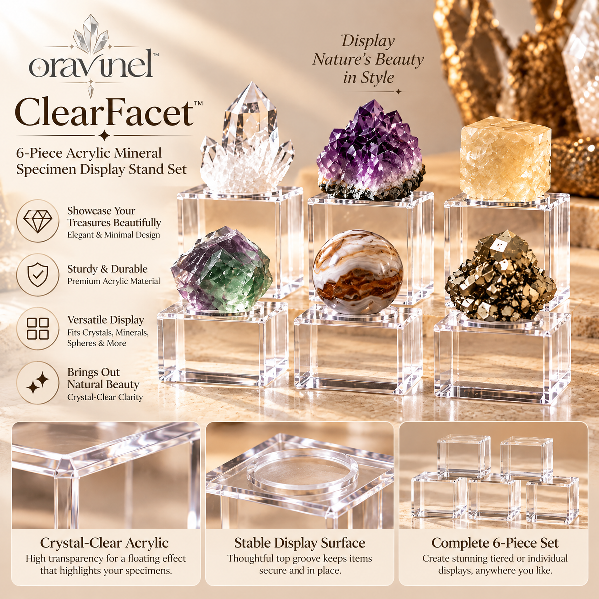 oravunel™ ClearFacet 6-Piece Acrylic Mineral Specimen Display Stand Set