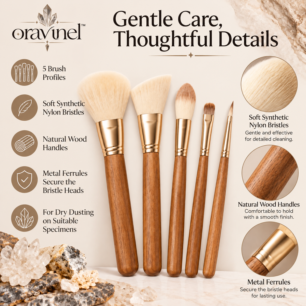 oravunel™ SoftFacet 5-Piece Mineral Specimen Dusting & Detail Brush Set