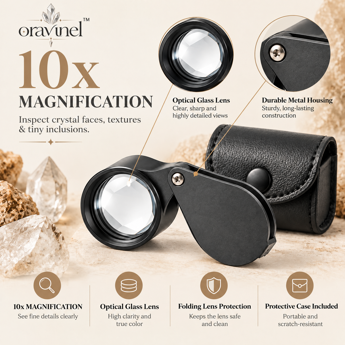 oravunel™ DetailScope 10x Folding Jeweler's Loupe for Mineral & Crystal Inspection