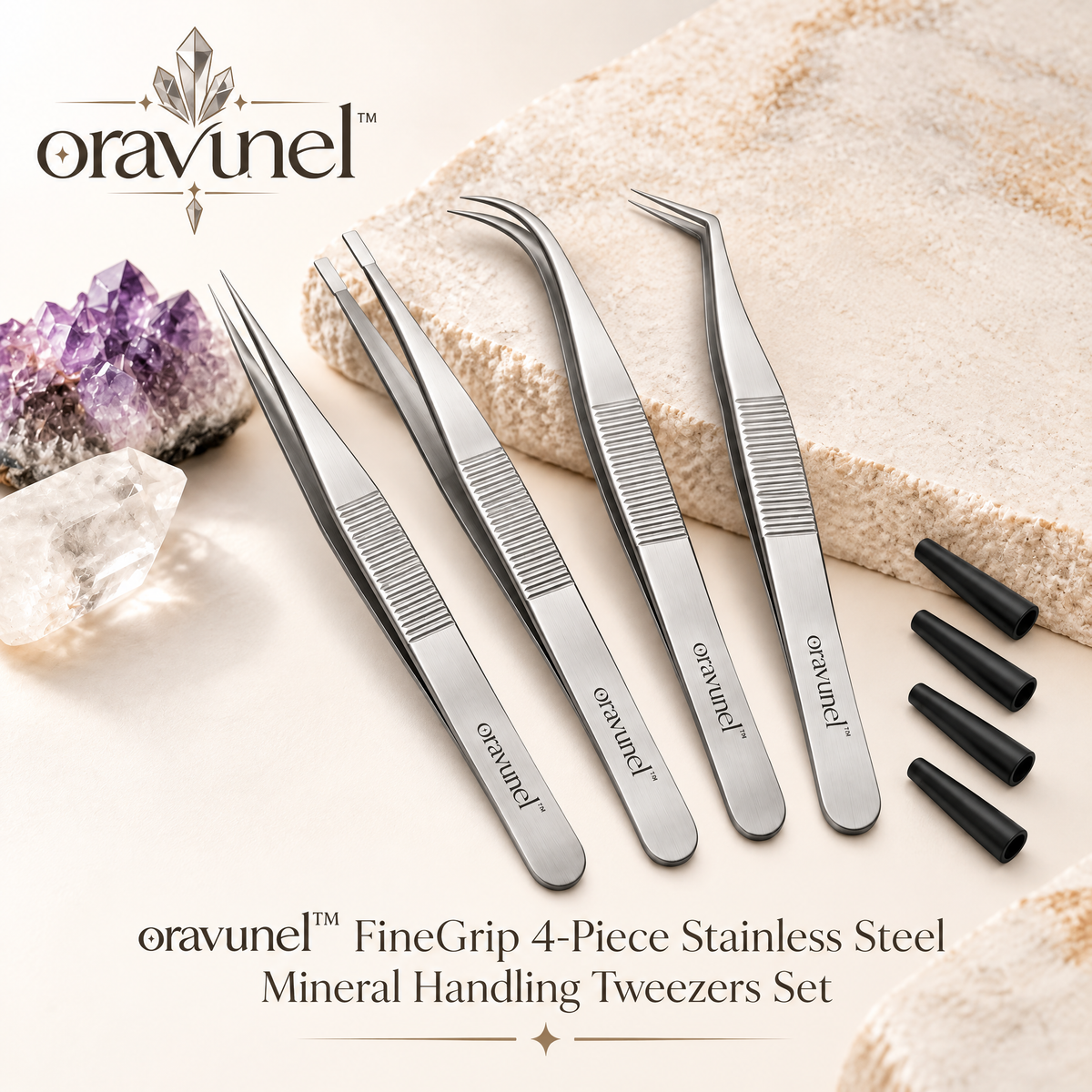 oravunel™ FineGrip 4-Piece Stainless Steel Mineral Handling Tweezers Set