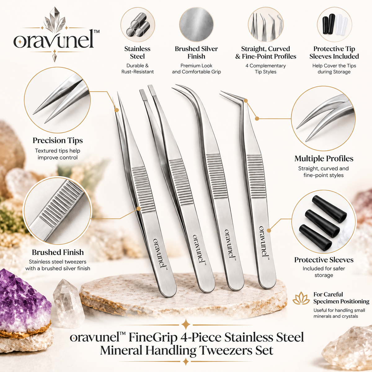 oravunel™ FineGrip 4-Piece Stainless Steel Mineral Handling Tweezers Set