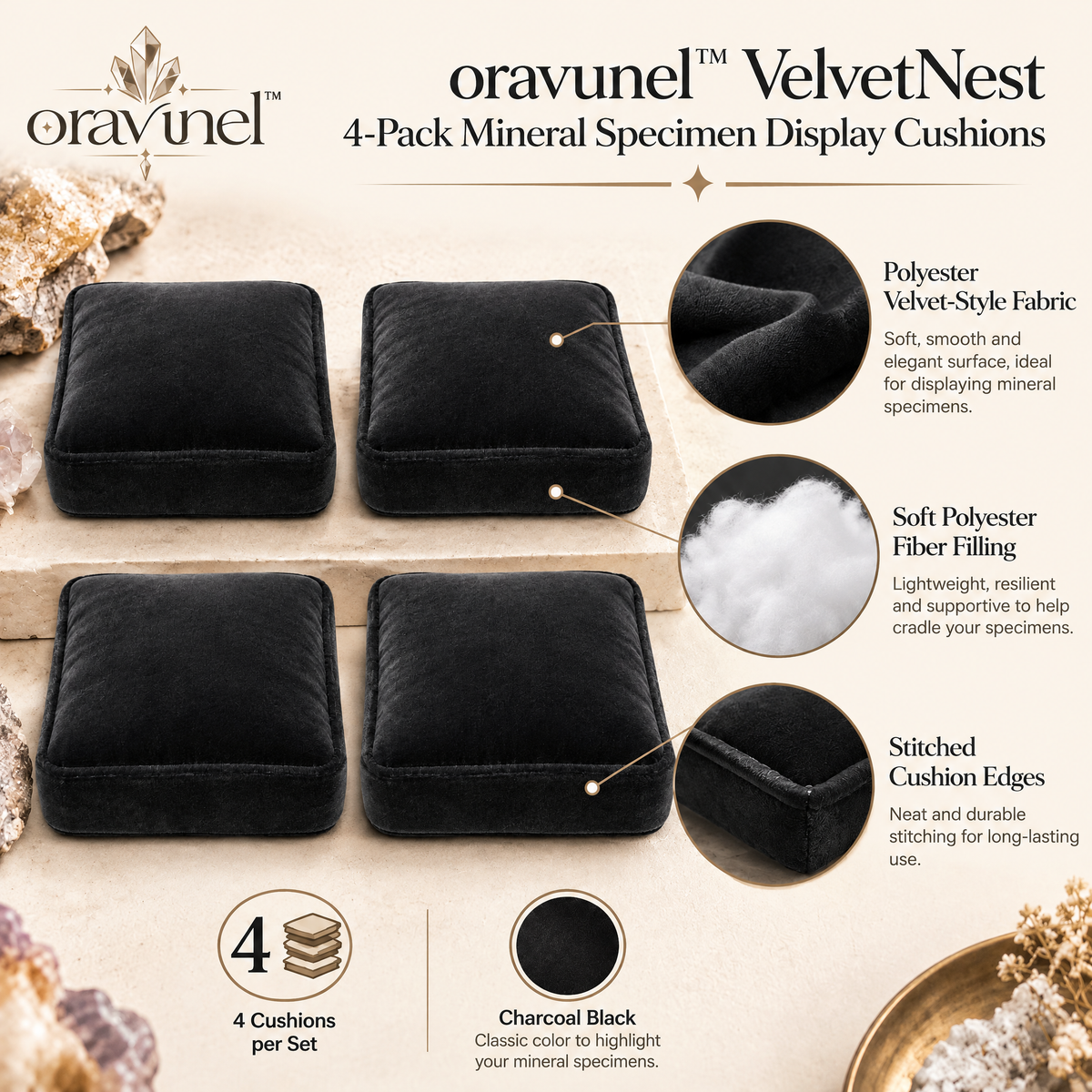 oravunel™ VelvetNest 4-Pack Mineral Specimen Display Cushions