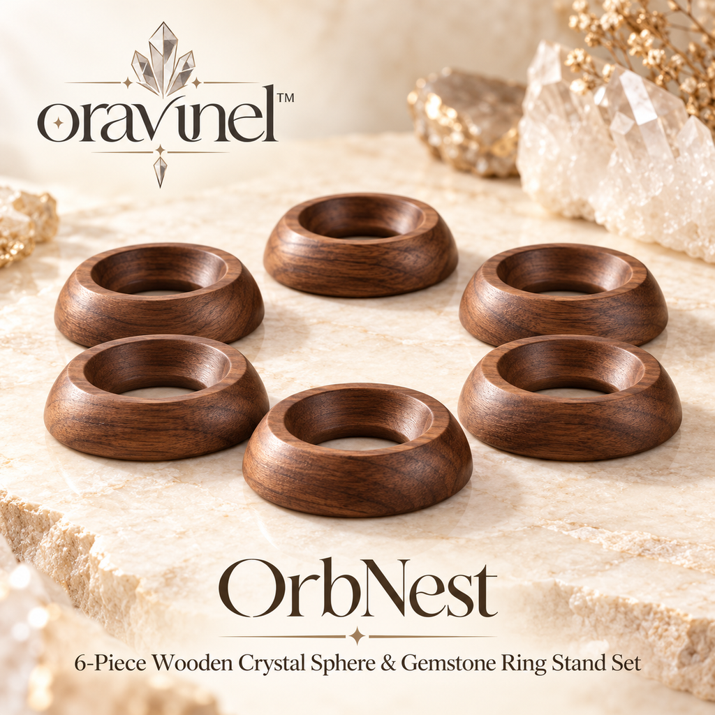 oravunel™ OrbNest 6-Piece Wooden Crystal Sphere & Gemstone Ring Stand Set