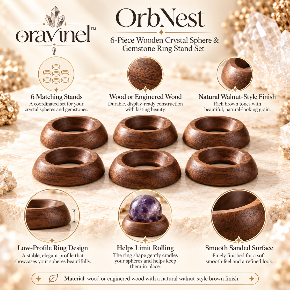 oravunel™ OrbNest 6-Piece Wooden Crystal Sphere & Gemstone Ring Stand Set