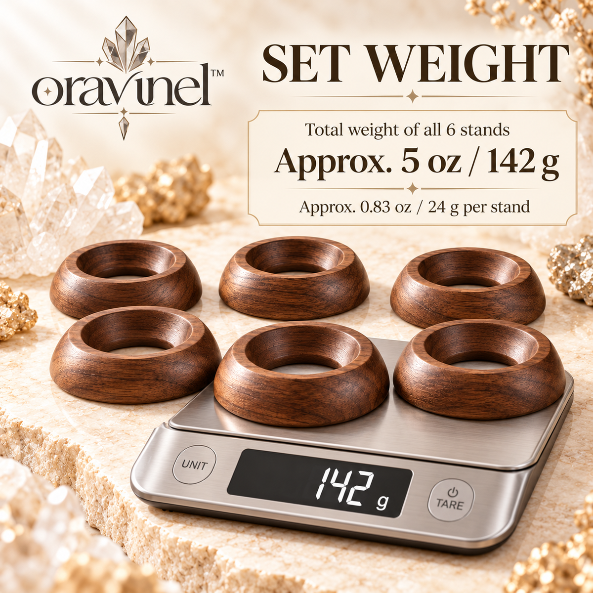 oravunel™ OrbNest 6-Piece Wooden Crystal Sphere & Gemstone Ring Stand Set